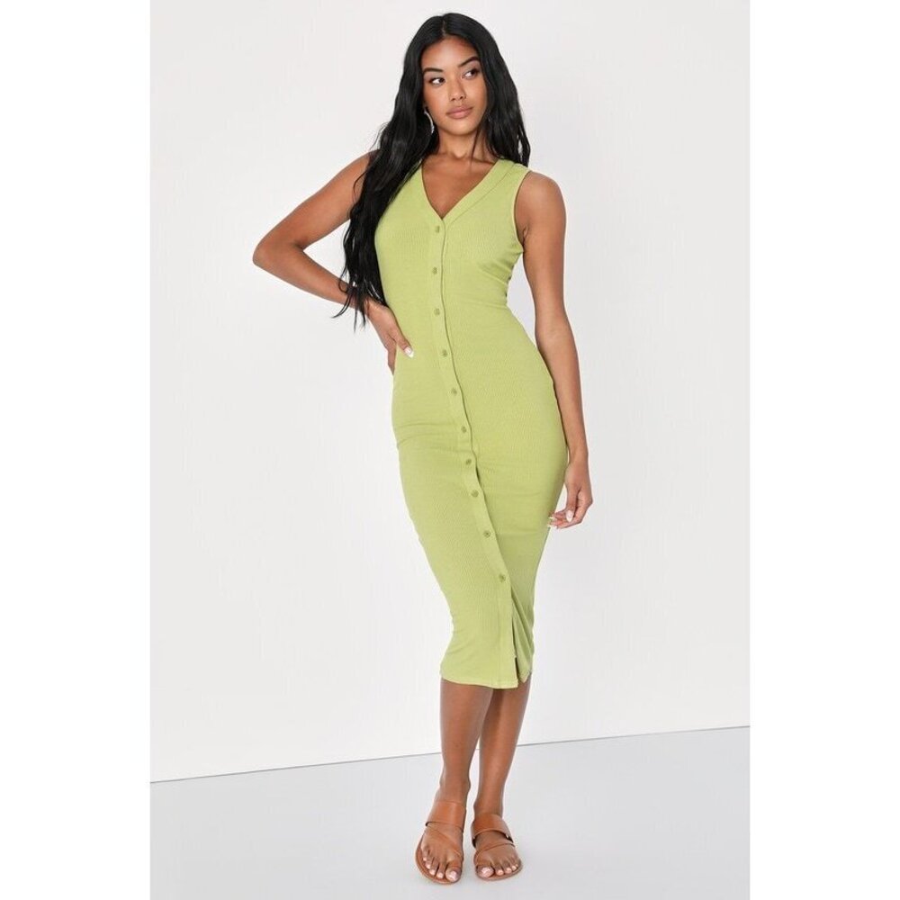 Lulus Effortless Evenings Lime Green Ribbed Button-front Midi Dress - Size M